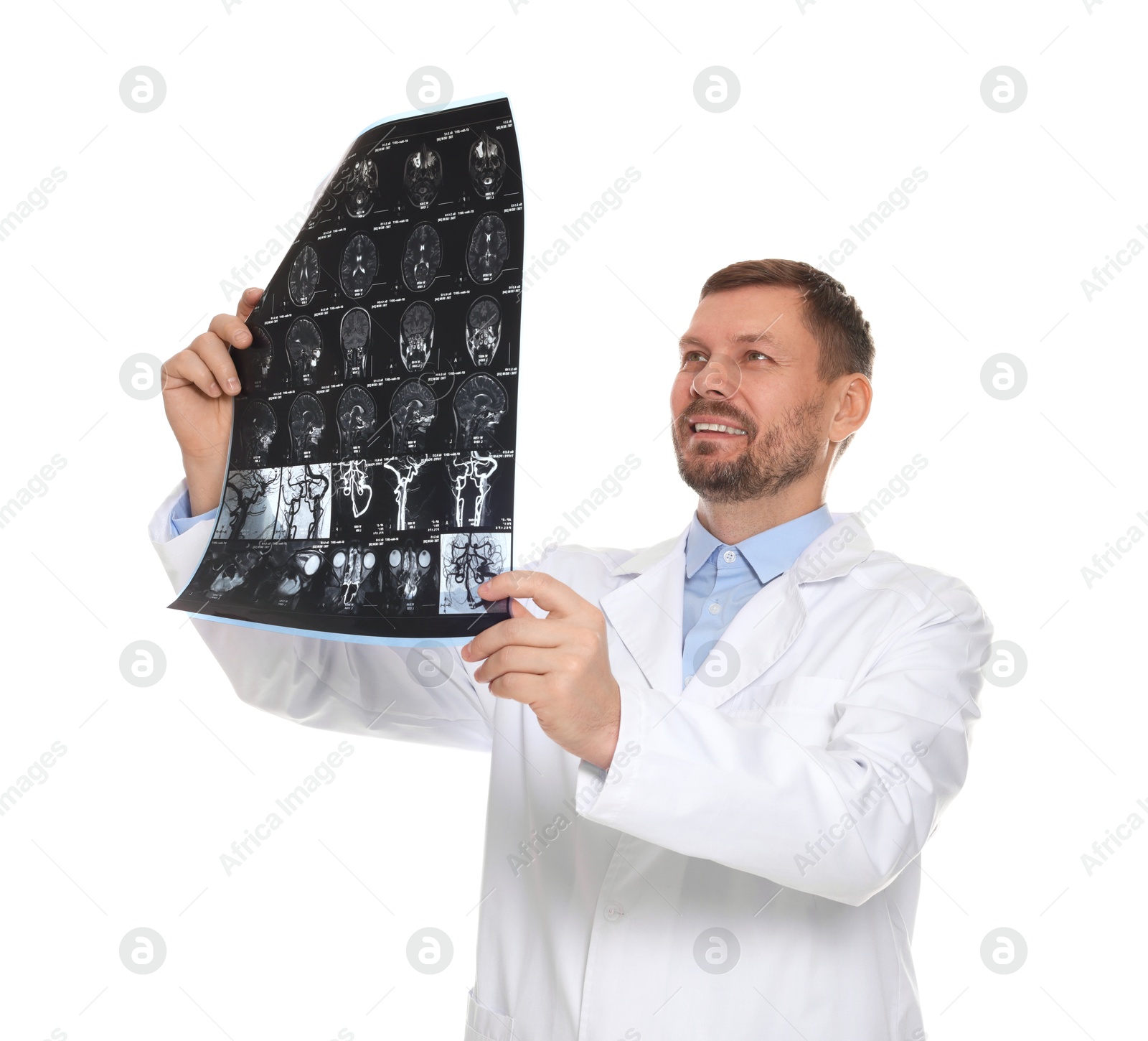 Doctor examining brain MRI scan in clinic on white background Photo of Doctor examining brain MRI scan in clinic on white background
