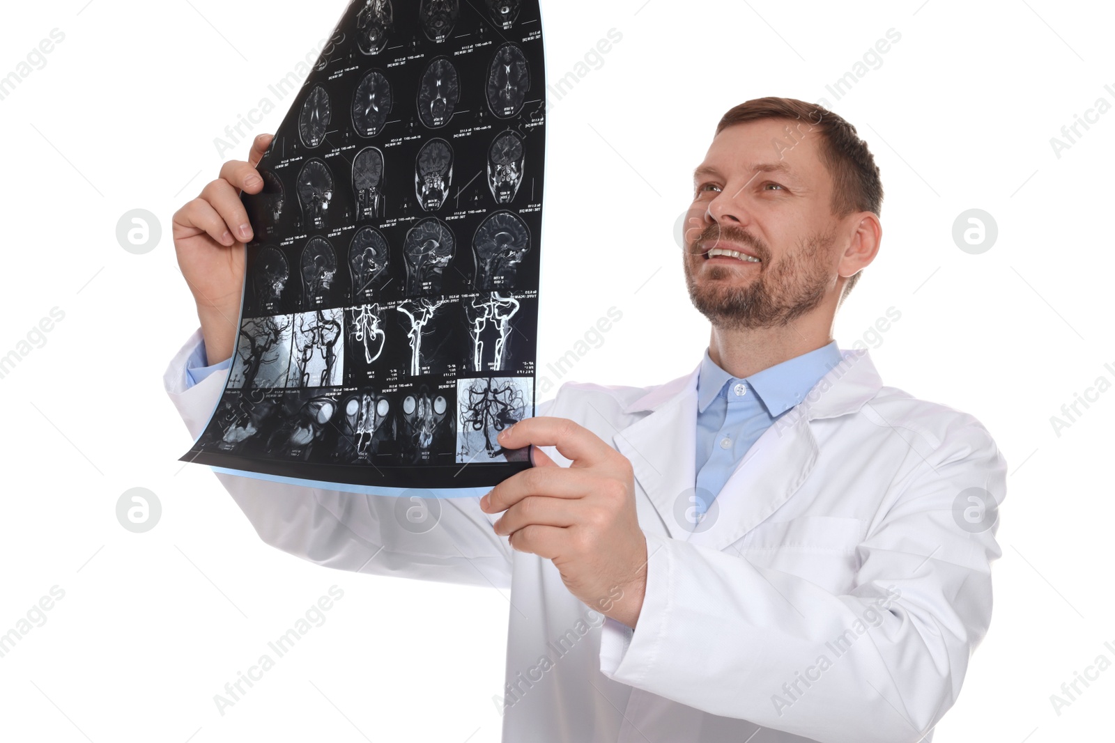 Doctor examining brain MRI scan in clinic on white background Photo of Doctor examining brain MRI scan in clinic on white background