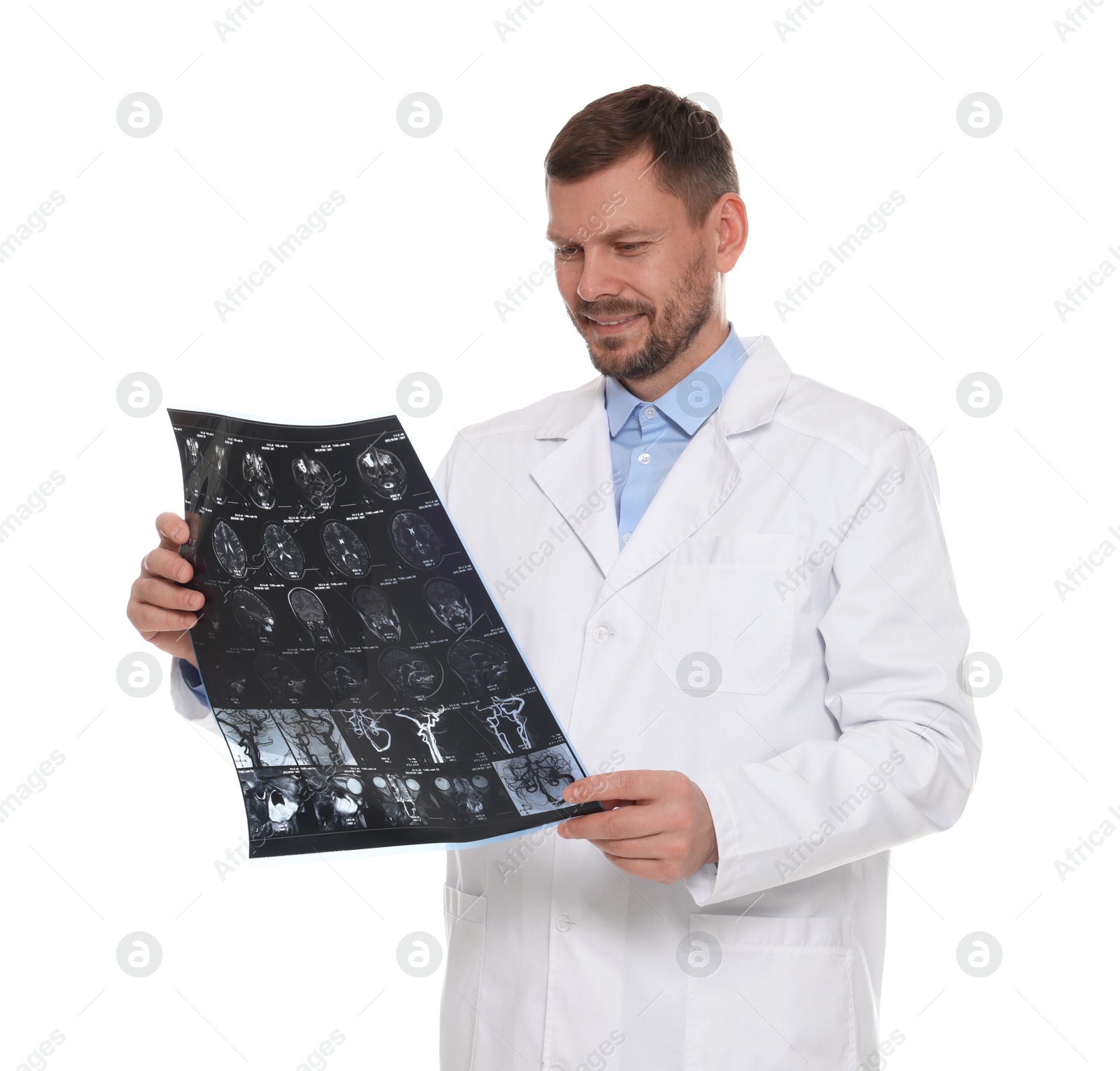 Doctor examining brain MRI scan in clinic on white background Photo of Doctor examining brain MRI scan in clinic on white background