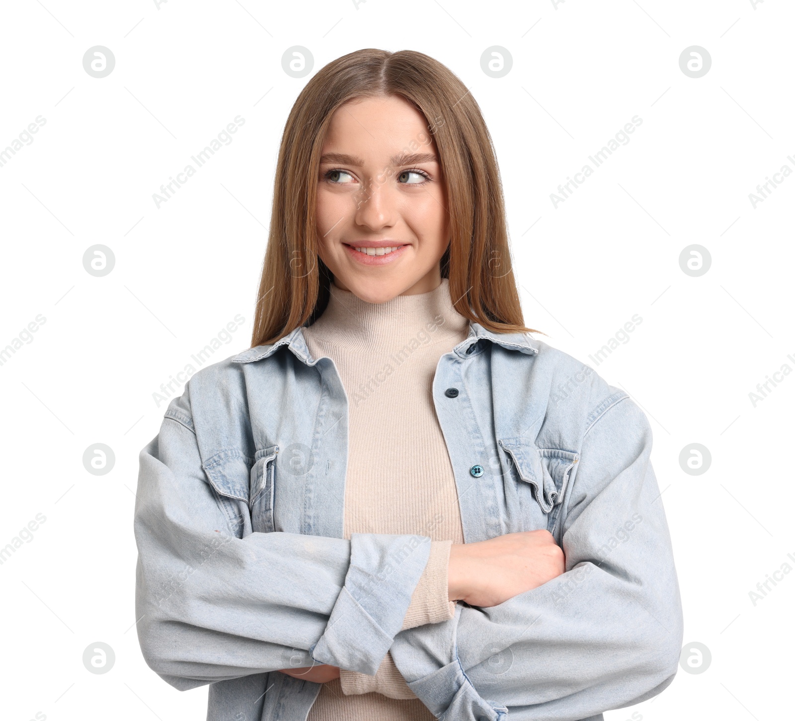 Portrait of smiling teenage girl on white background Photo of Portrait of smiling teenage girl on white background