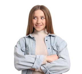 Photo of Portrait of smiling teenage girl on white background