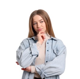 Photo of Portrait of thoughtful teenage girl on white background