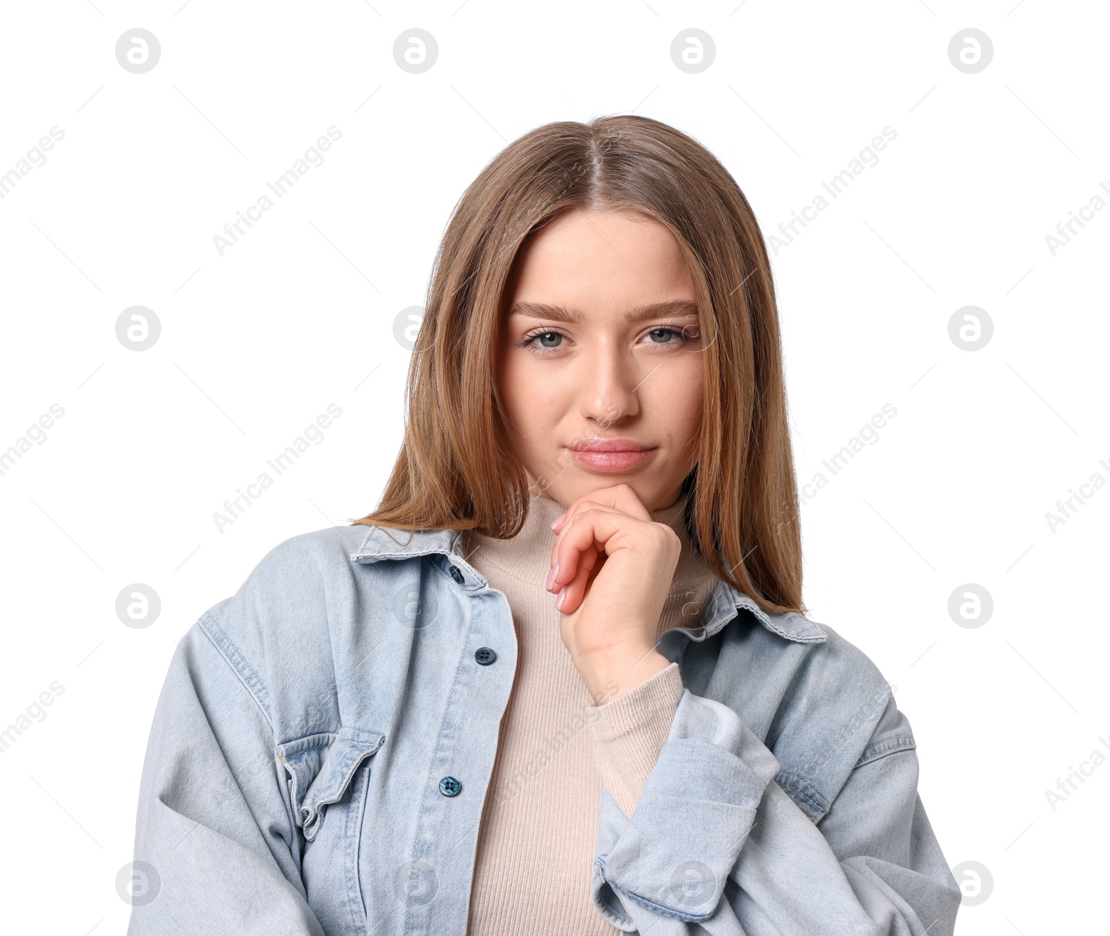 Portrait of thoughtful teenage girl on white background Photo of Portrait of thoughtful teenage girl on white background