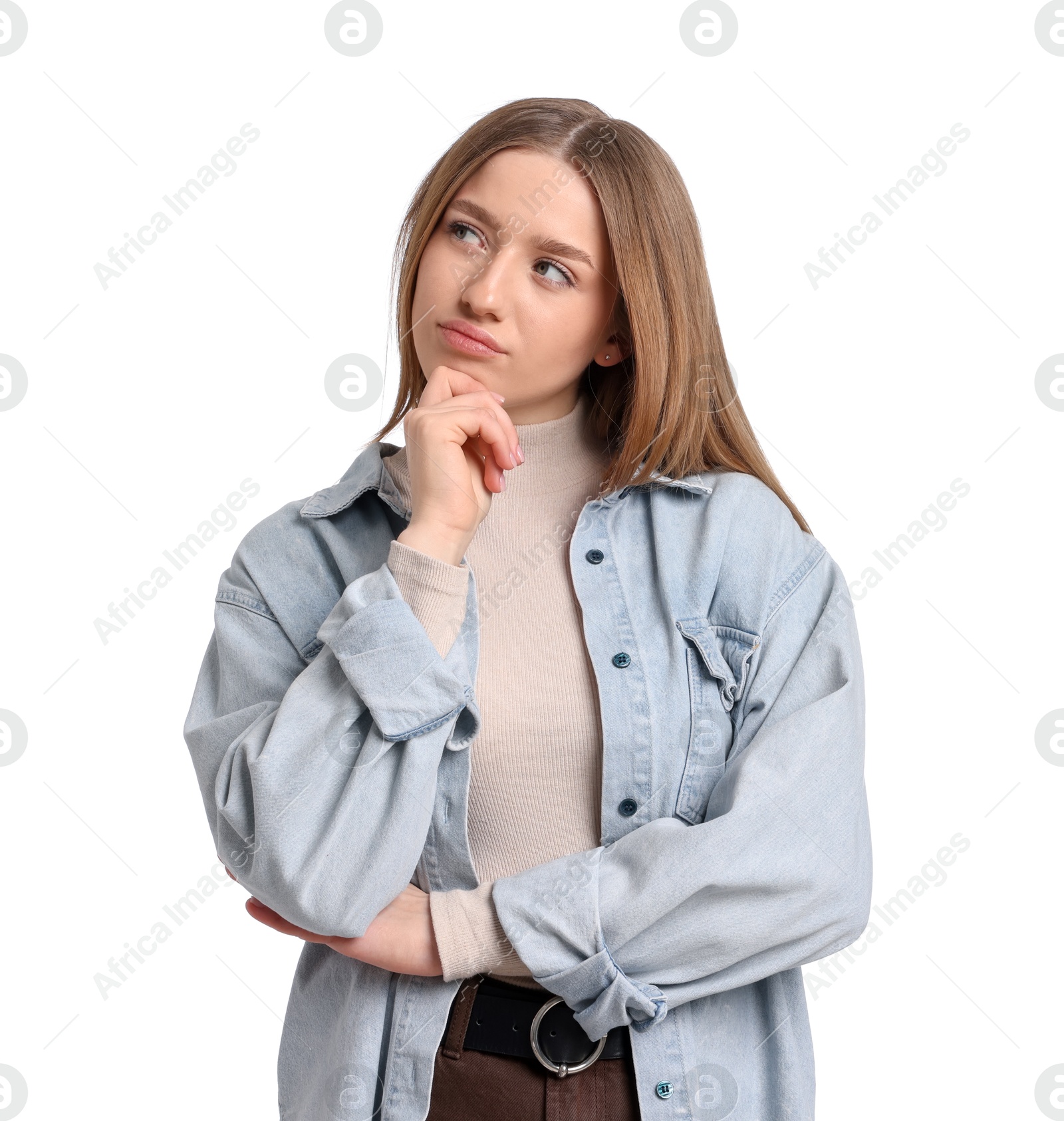 Portrait of thoughtful teenage girl on white background Photo of Portrait of thoughtful teenage girl on white background
