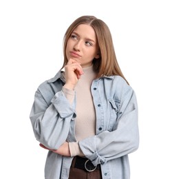 Photo of Portrait of thoughtful teenage girl on white background
