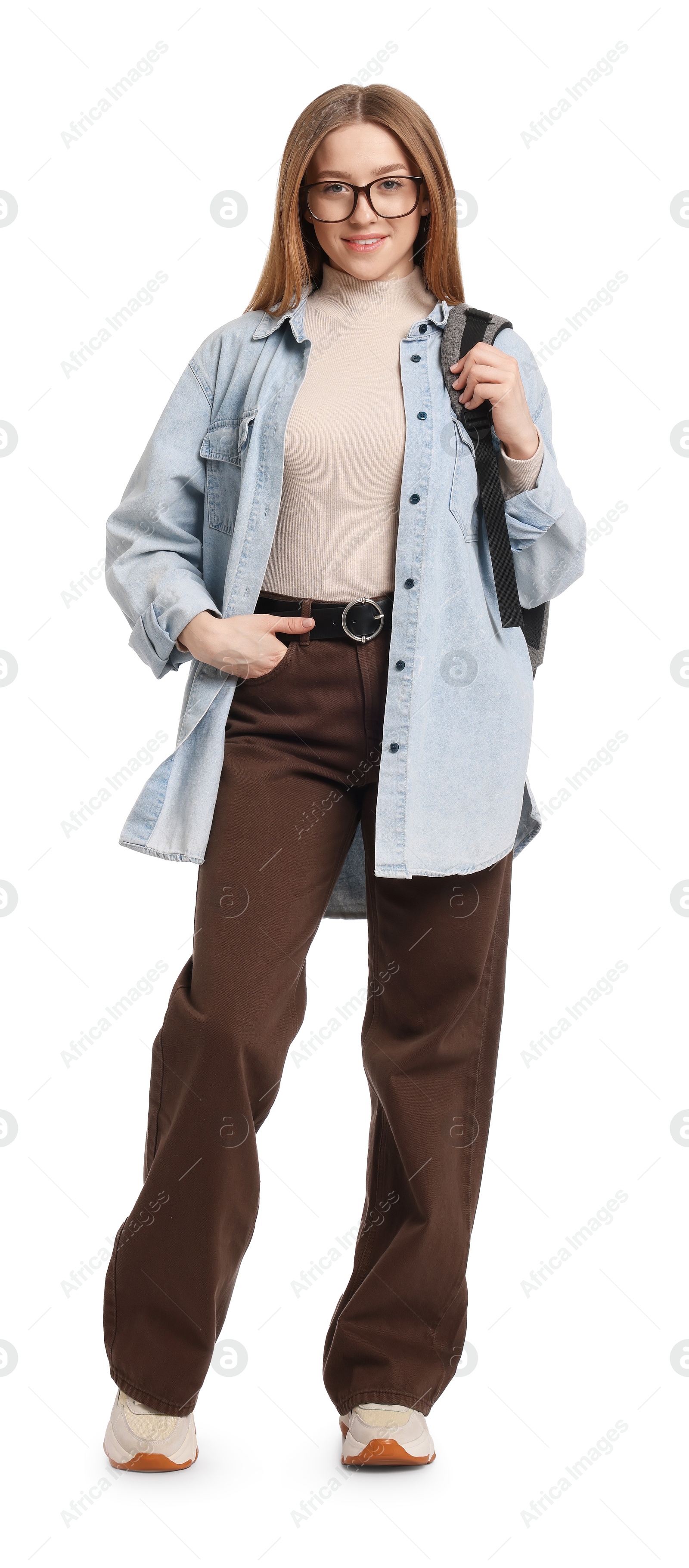 Photo of Smiling teenage girl with backpack on white background
