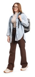 Photo of Teenage girl with backpack on white background