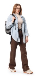 Photo of Smiling teenage girl with backpack on white background
