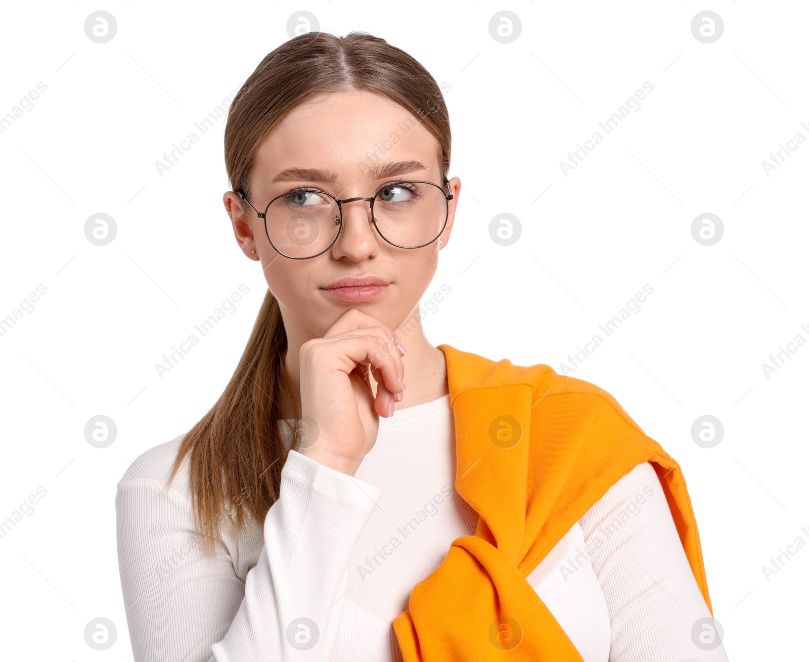Portrait of thoughtful teenage girl on white background Photo of Portrait of thoughtful teenage girl on white background