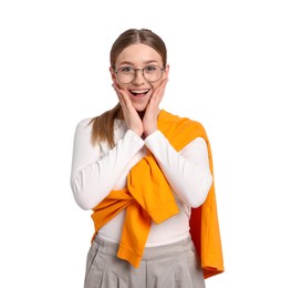 Photo of Portrait of happy teenage girl on white background