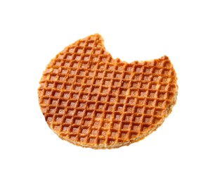 Photo of Bitten round Dutch waffle isolated on white