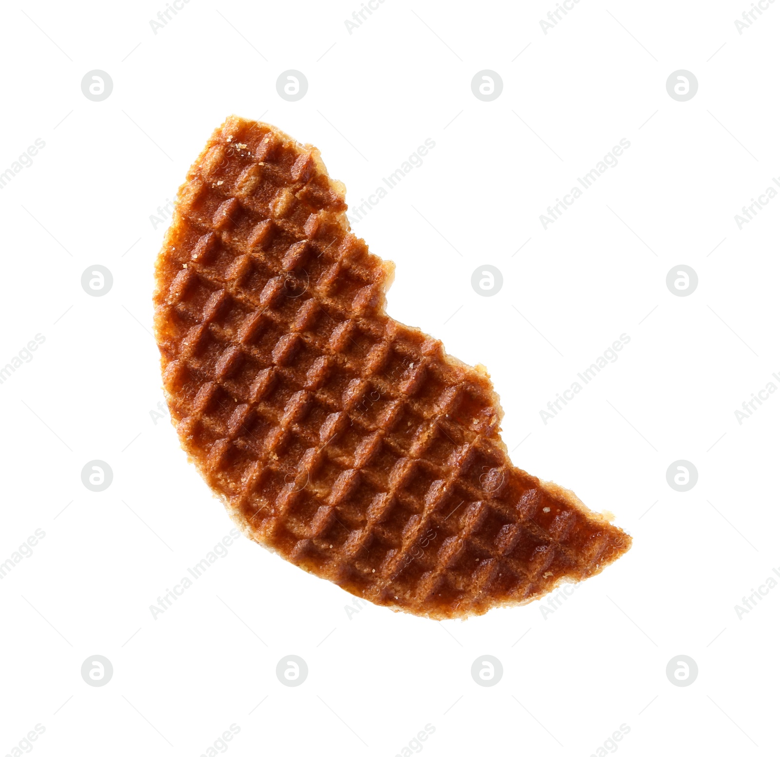 Piece of tasty waffle isolated on white Photo of Piece of tasty waffle isolated on white