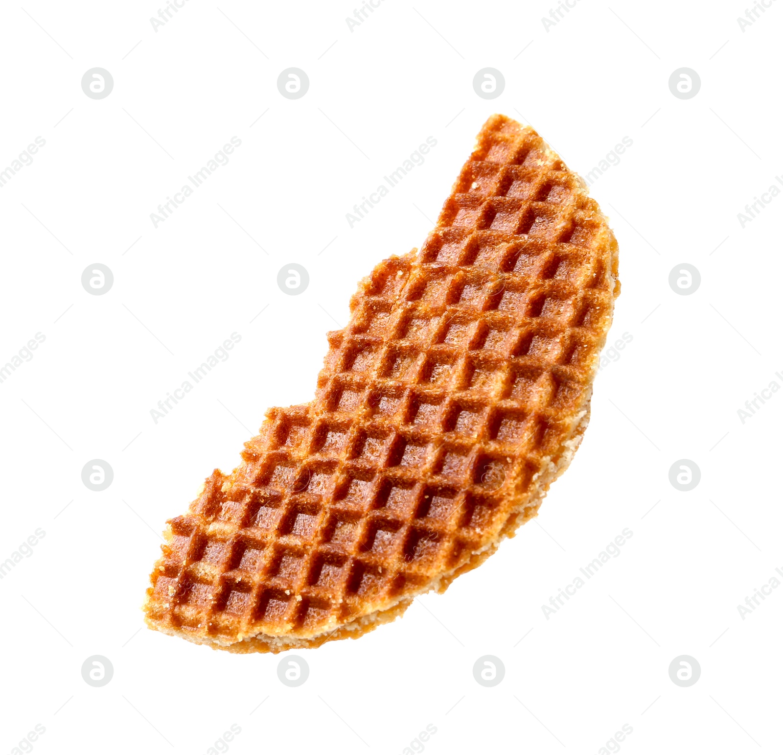 Piece of tasty waffle isolated on white Photo of Piece of tasty waffle isolated on white