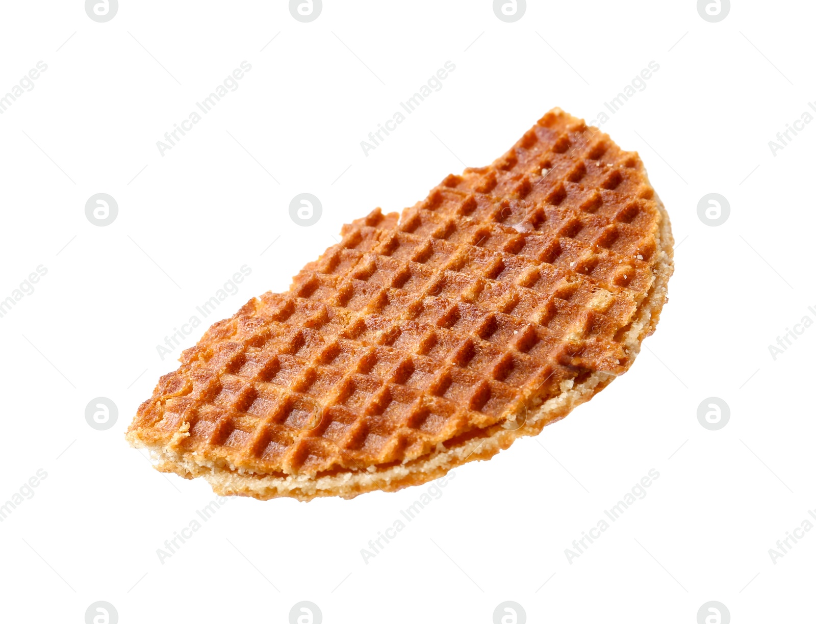Piece of tasty waffle isolated on white Photo of Piece of tasty waffle isolated on white