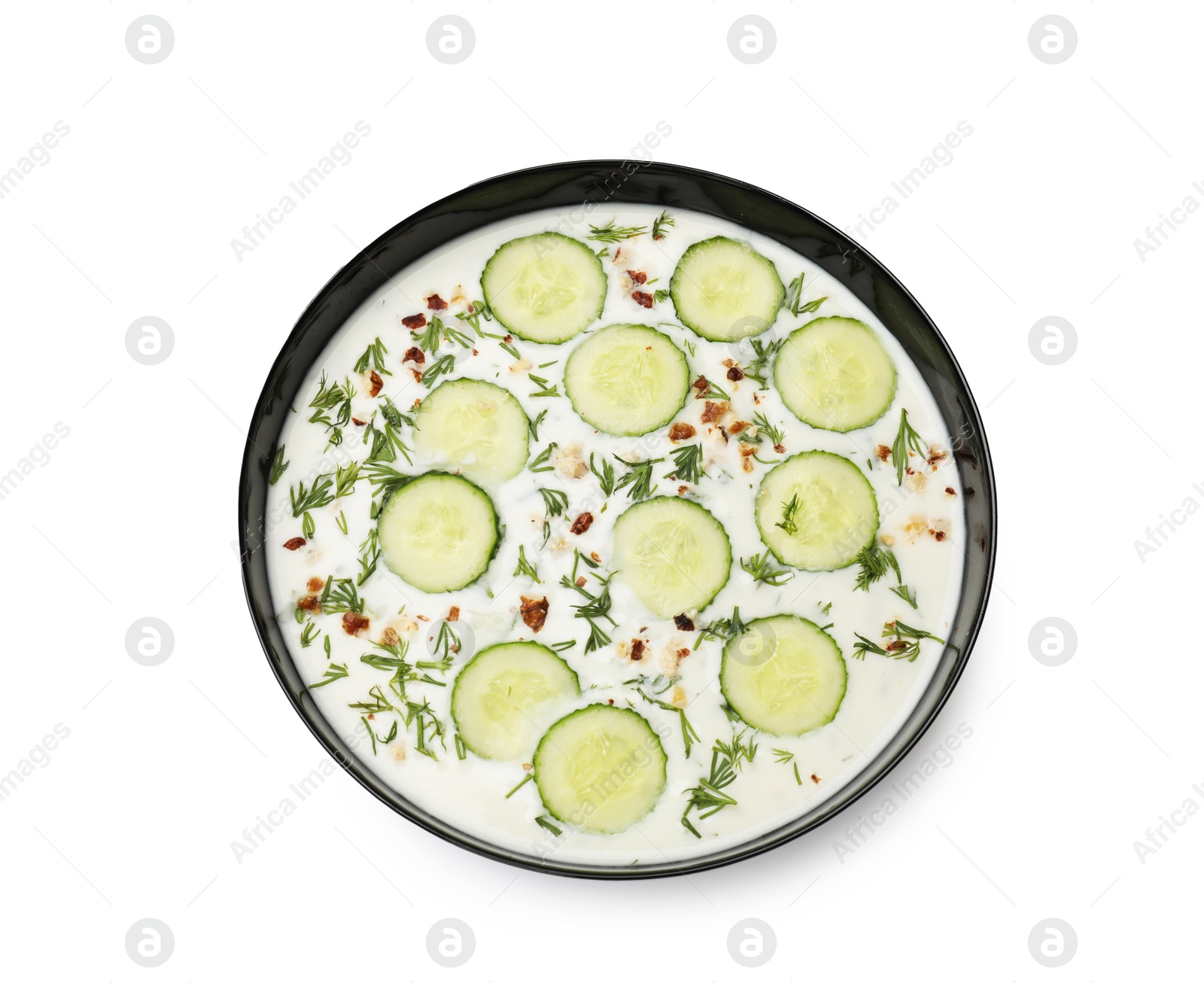 Fresh tasty cucumber soup isolated on white, top view Photo of Fresh tasty cucumber soup isolated on white, top view