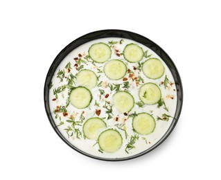 Photo of Fresh tasty cucumber soup isolated on white, top view