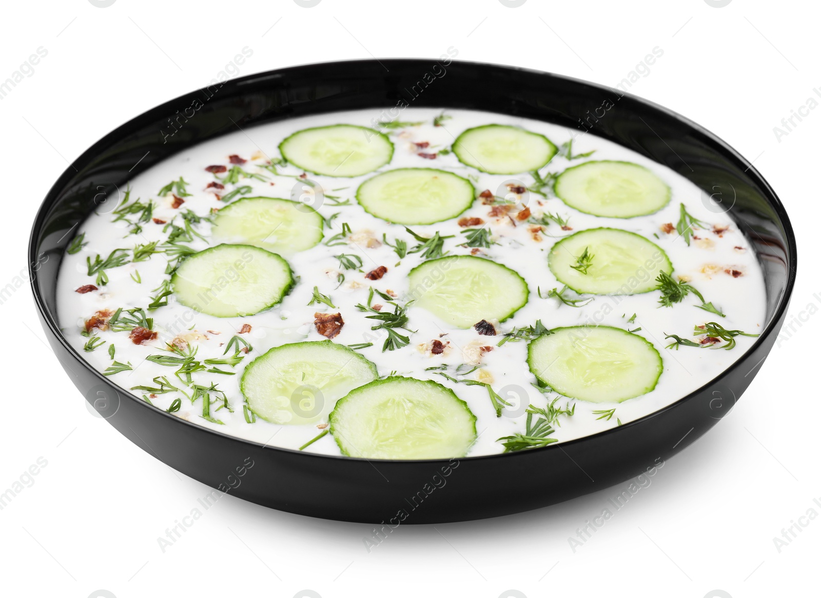 Fresh tasty cucumber soup isolated on white Photo of Fresh tasty cucumber soup isolated on white