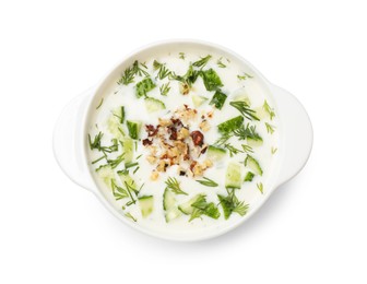 Photo of Fresh tasty cucumber soup isolated on white, top view