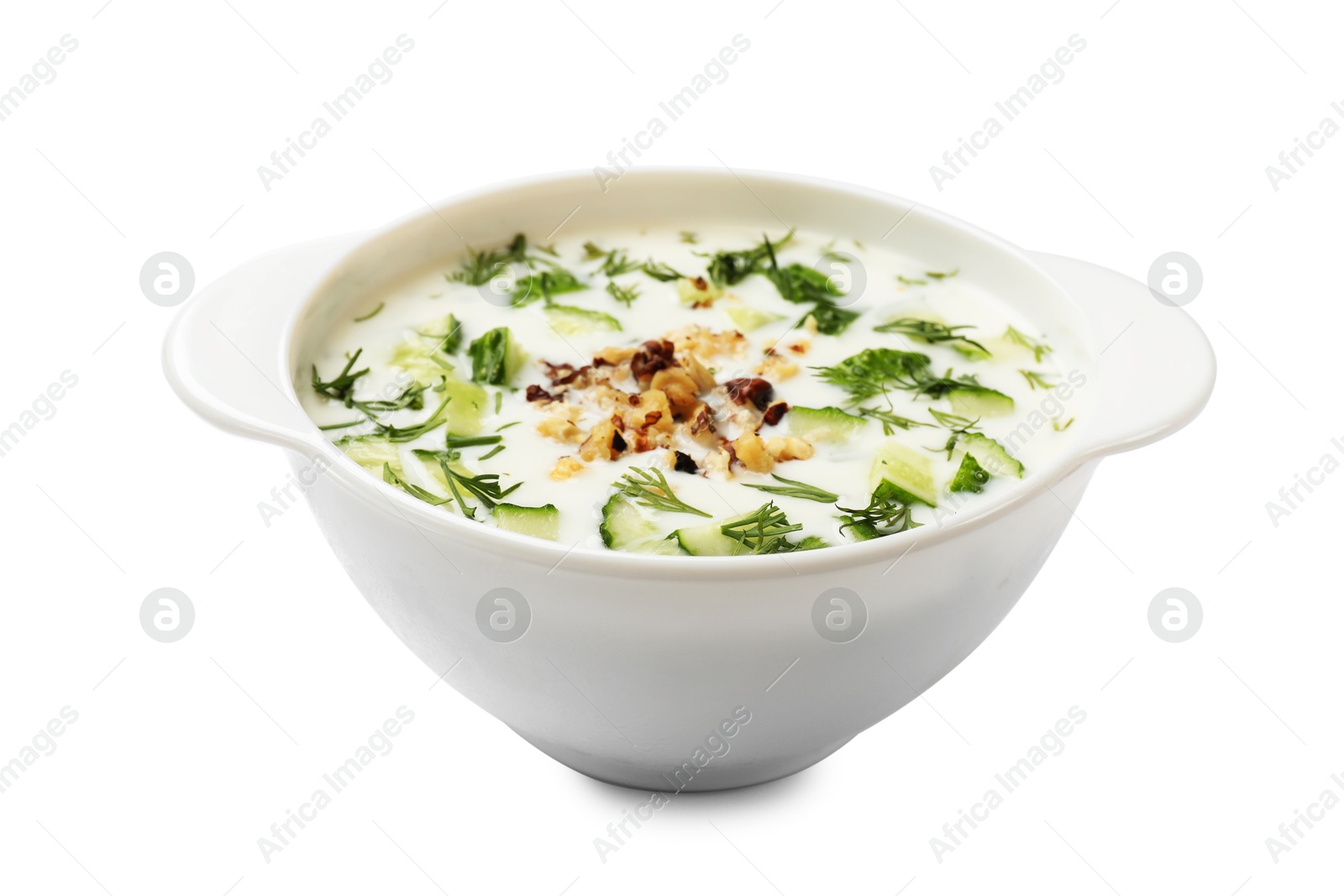 Fresh tasty cucumber soup isolated on white Photo of Fresh tasty cucumber soup isolated on white