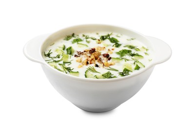 Photo of Fresh tasty cucumber soup isolated on white