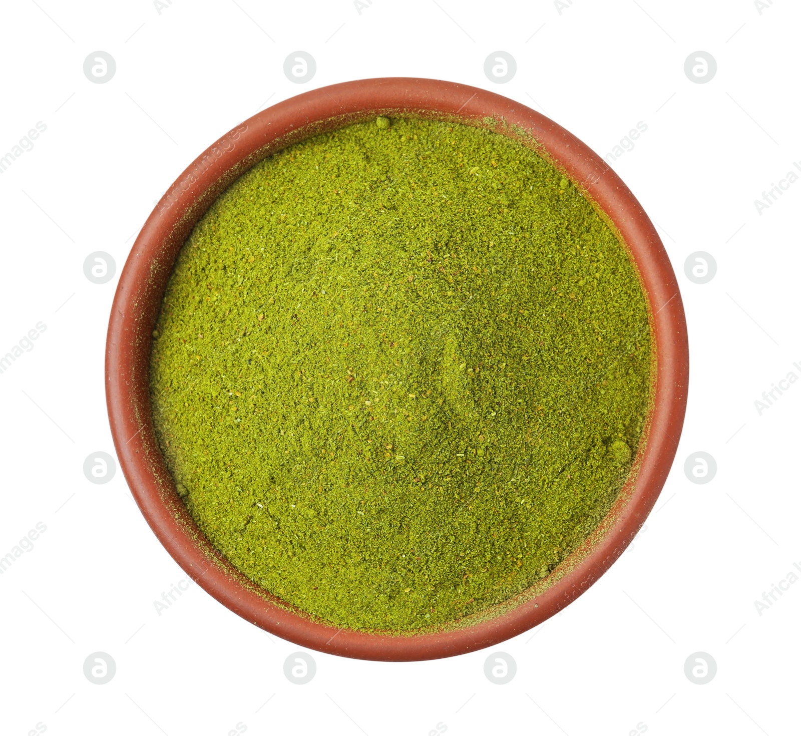 Superfood. Green onion powder in bowl isolated on white, top view Photo of Superfood. Green onion powder in bowl isolated on white, top view