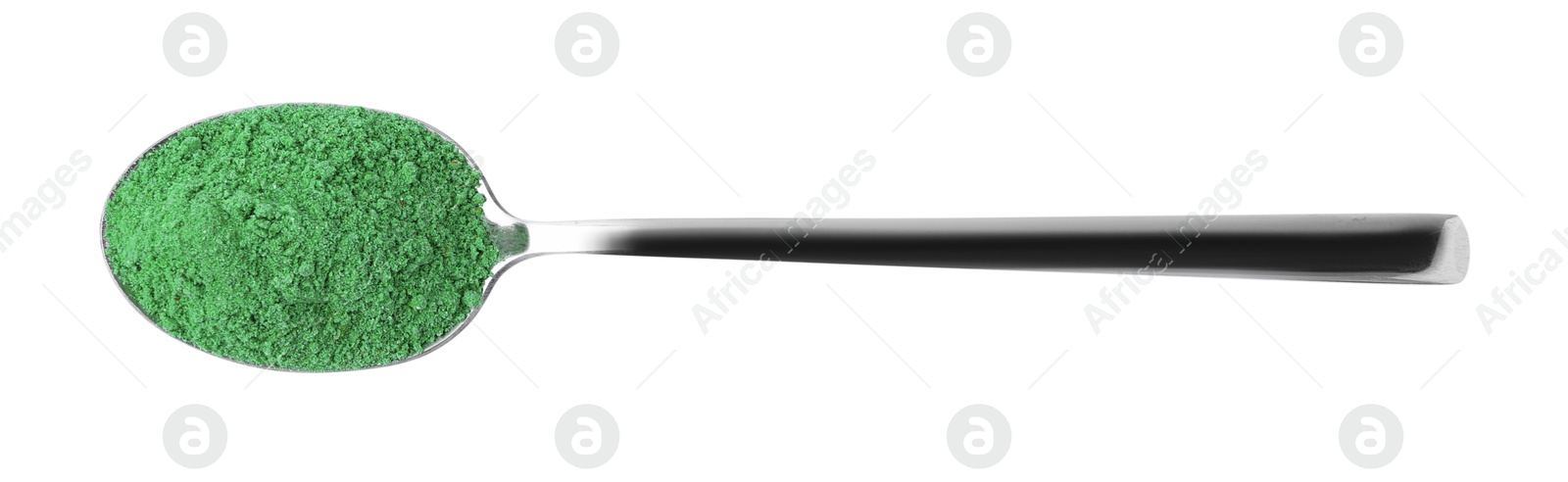 Superfood. Light green powder isolated on white, top view Photo of Superfood. Light green powder isolated on white, top view