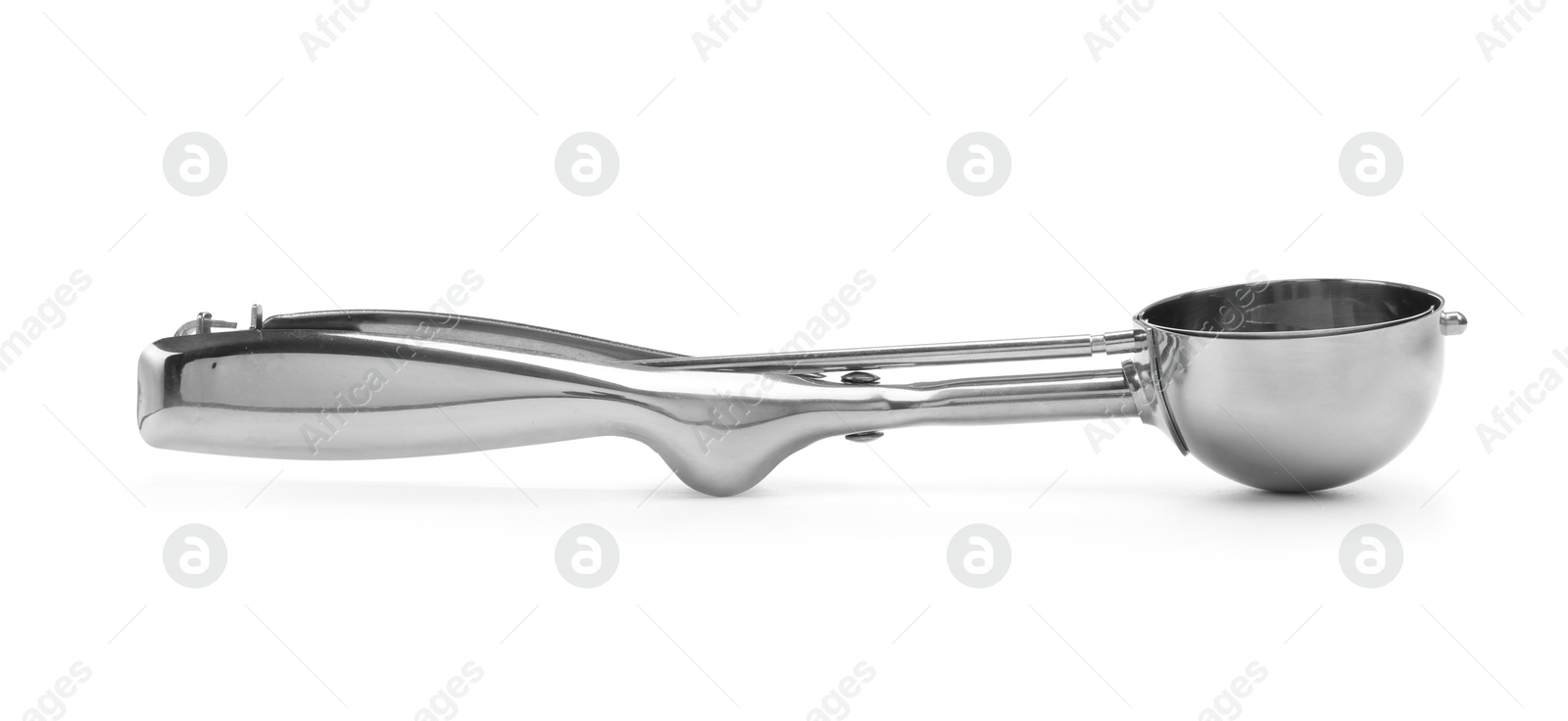 One metal scoop for ice cream isolated on white Photo of One metal scoop for ice cream isolated on white