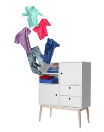 Image of Clothes flying out of shelving unit on white background