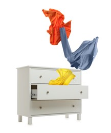 Image of Clothes flying out of dresser on white background