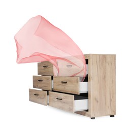 Image of Fabric flying out of dresser on white background
