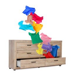 Image of Clothes flying out of dresser on white background