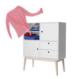 Image of Striped shirt flying out of shelving unit on white background