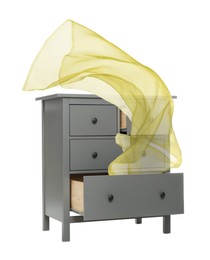 Image of Fabric flying out of dresser on white background