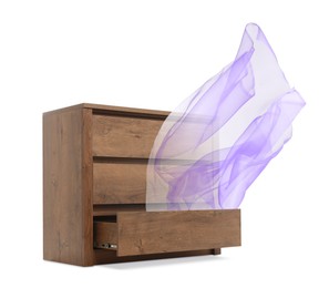 Image of Fabric flying out of dresser on white background