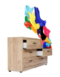 Image of Clothes flying out of dresser on white background