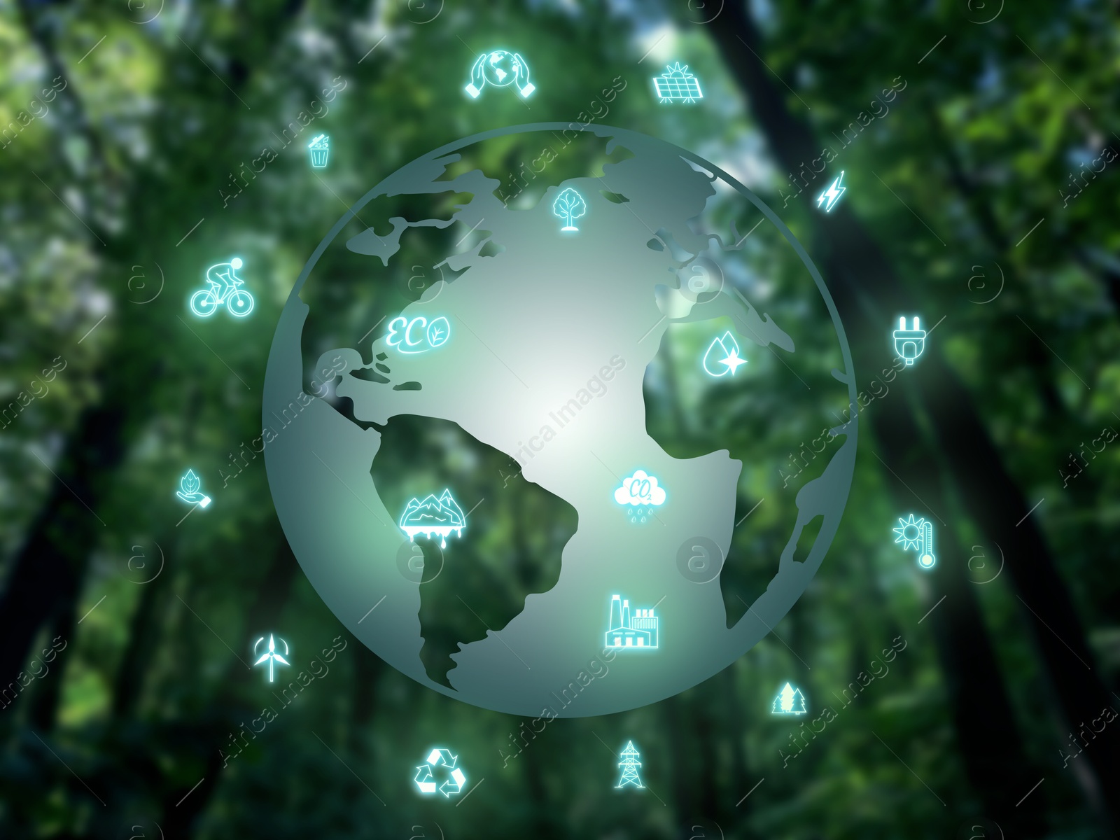 Environment concept. Different eco themed icons, globe against green trees Image of Environment concept. Different eco themed icons, globe against green trees