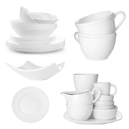 Image of Different white dishware isolated on white, set