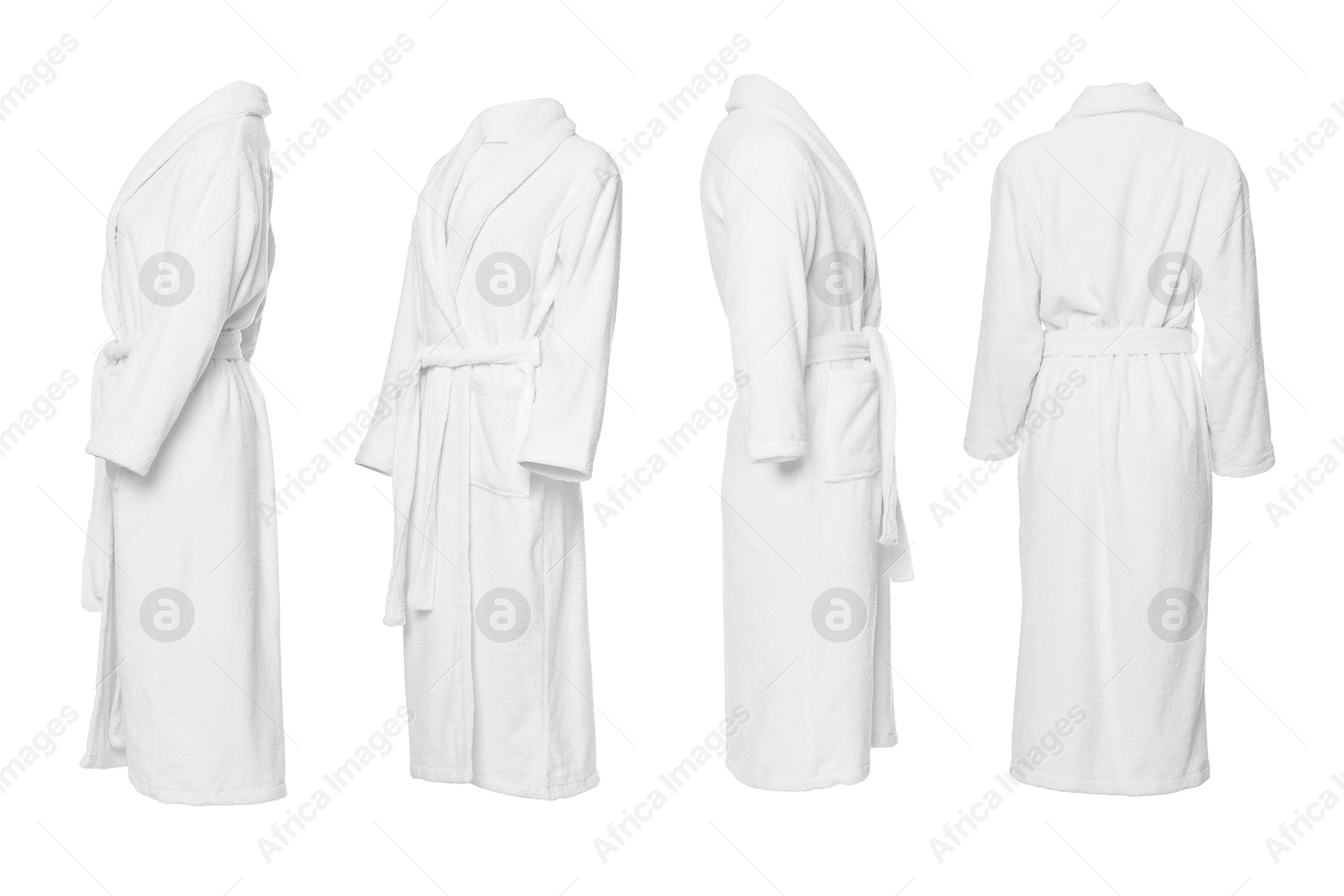 Soft white terry bathrobe isolated on white, collage Image of Soft white terry bathrobe isolated on white, collage
