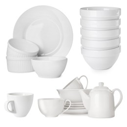 Image of Different white dishware isolated on white, set
