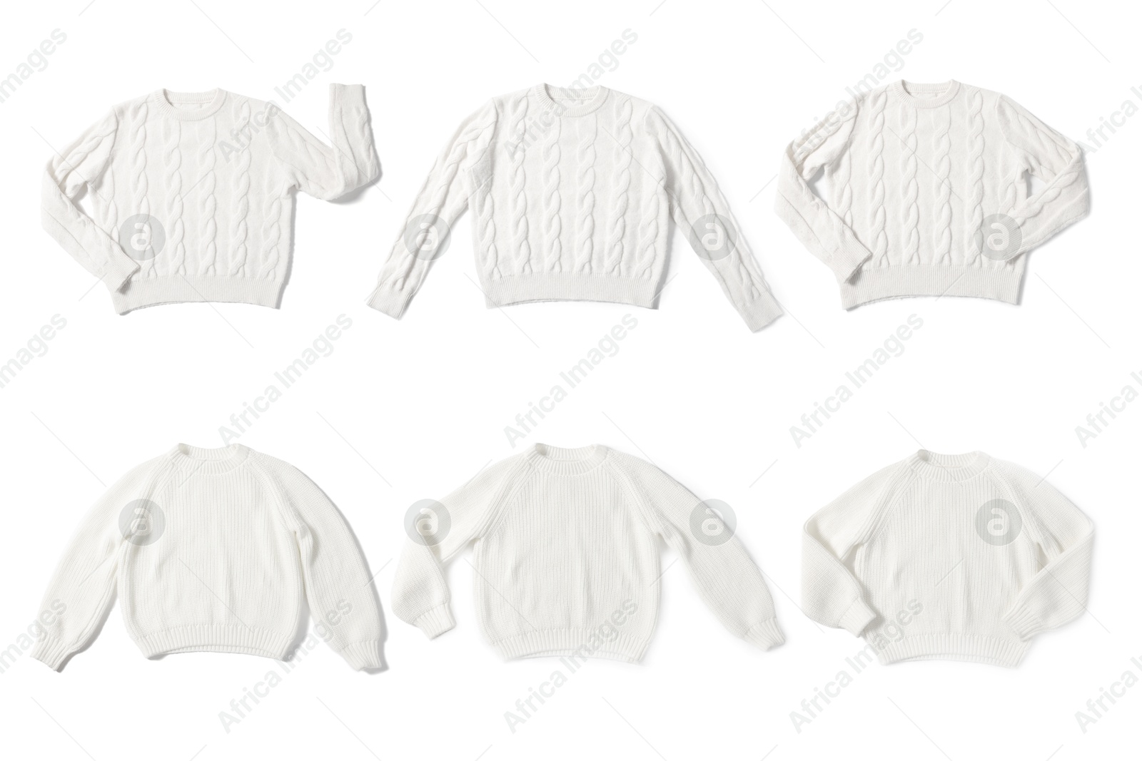 White knitted sweaters isolated on white, set. Top view Image of White knitted sweaters isolated on white, set. Top view