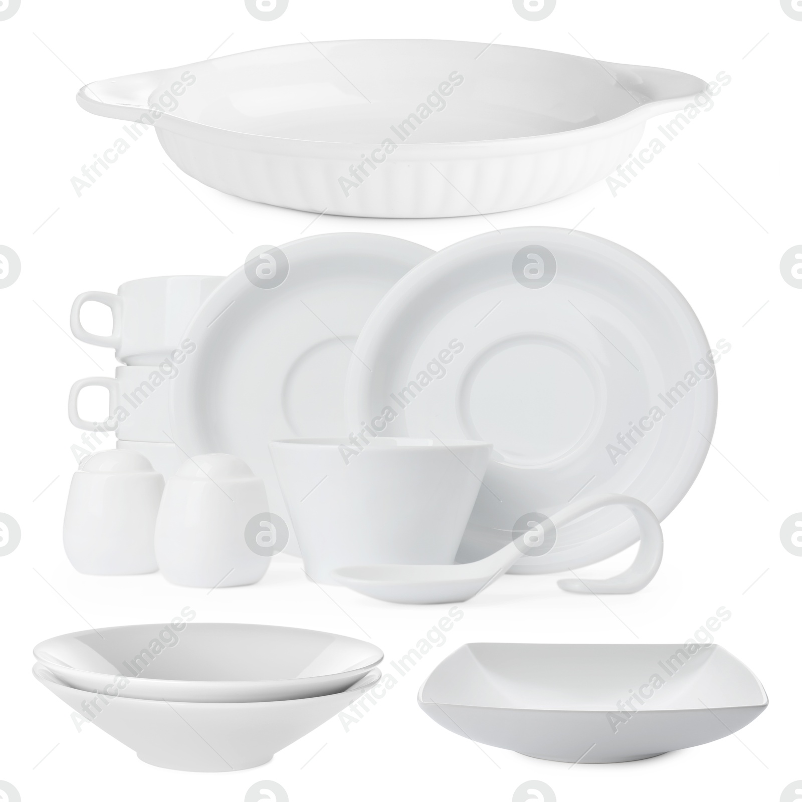 Different white dishware isolated on white, set Image of Different white dishware isolated on white, set