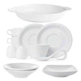 Image of Different white dishware isolated on white, set