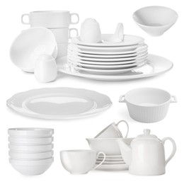 Image of Different white dishware isolated on white, set