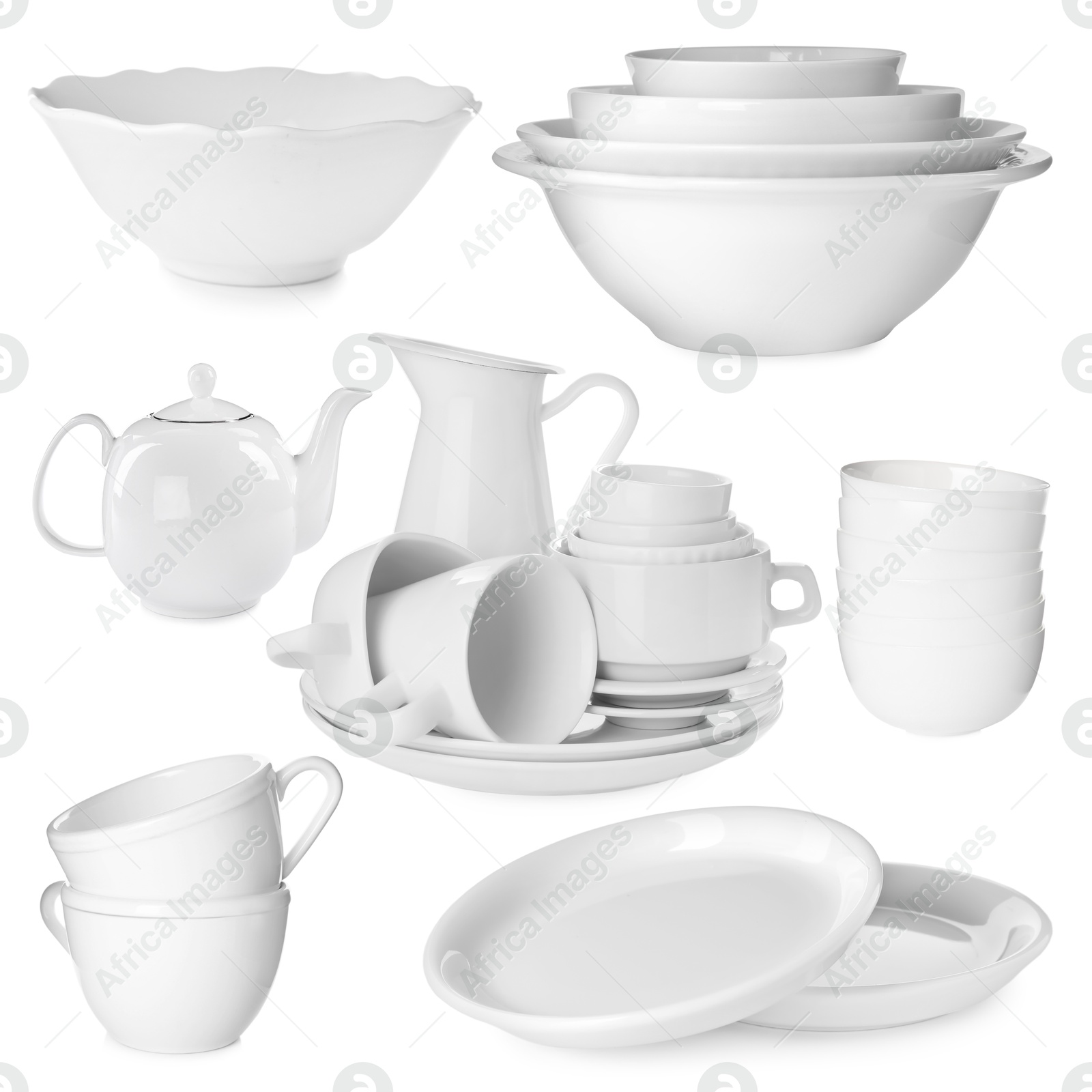 Different white dishware isolated on white, set Image of Different white dishware isolated on white, set