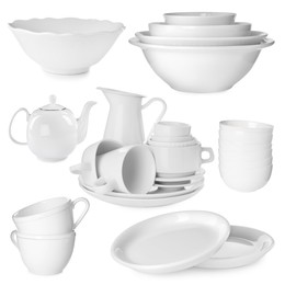 Image of Different white dishware isolated on white, set