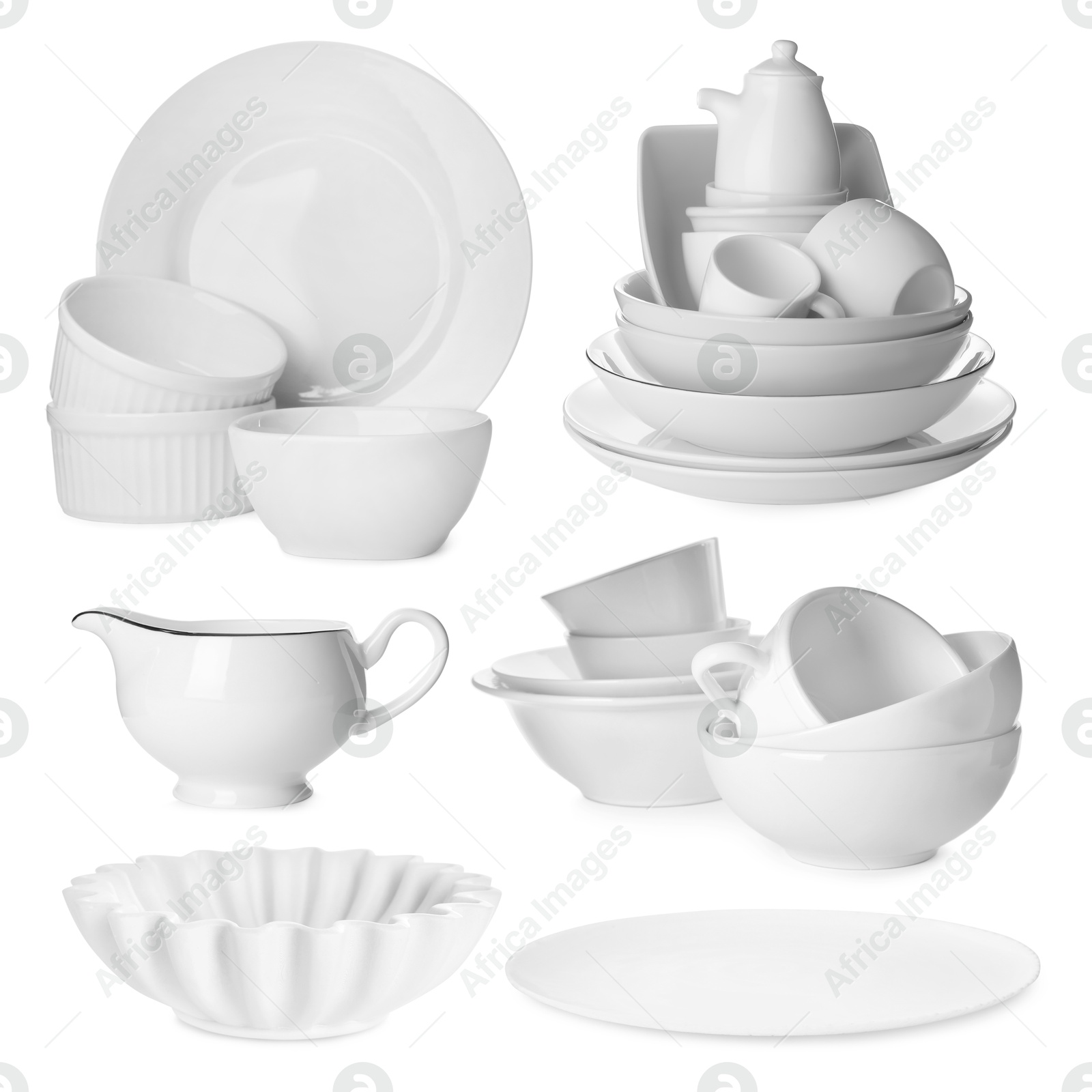 Different white dishware isolated on white, set Image of Different white dishware isolated on white, set