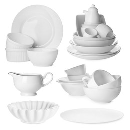 Image of Different white dishware isolated on white, set