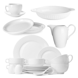 Image of Different white dishware isolated on white, set