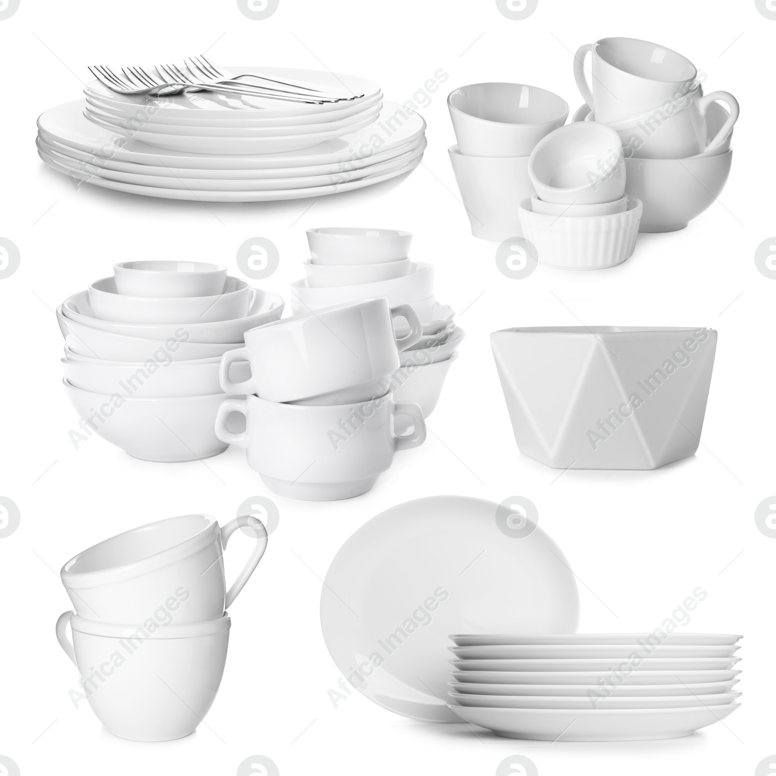 Different white dishware isolated on white, set Image of Different white dishware isolated on white, set