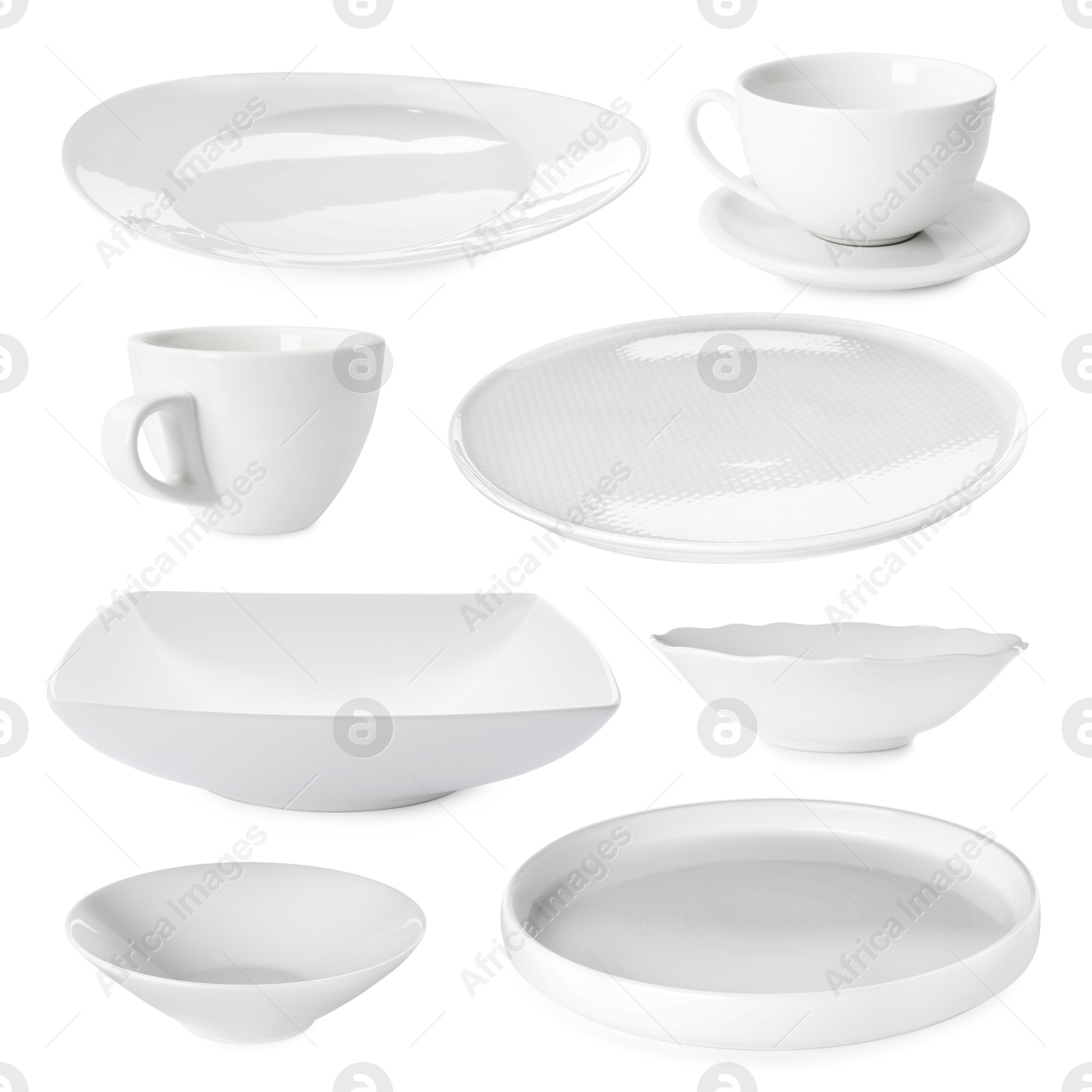 Different white dishware isolated on white, set Image of Different white dishware isolated on white, set